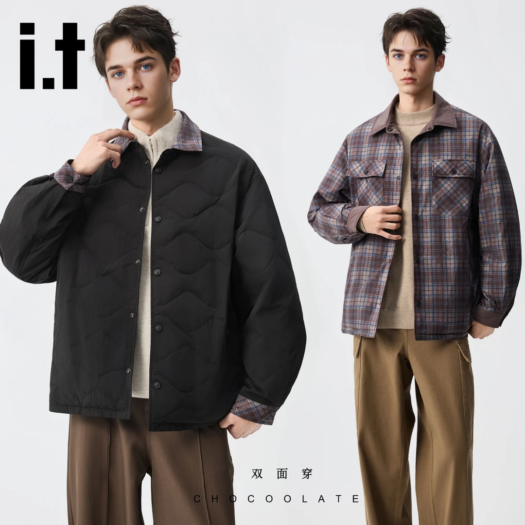it:CHOCOOLATE冬季新款衬衫双面穿羽绒服保暖轻薄格子男