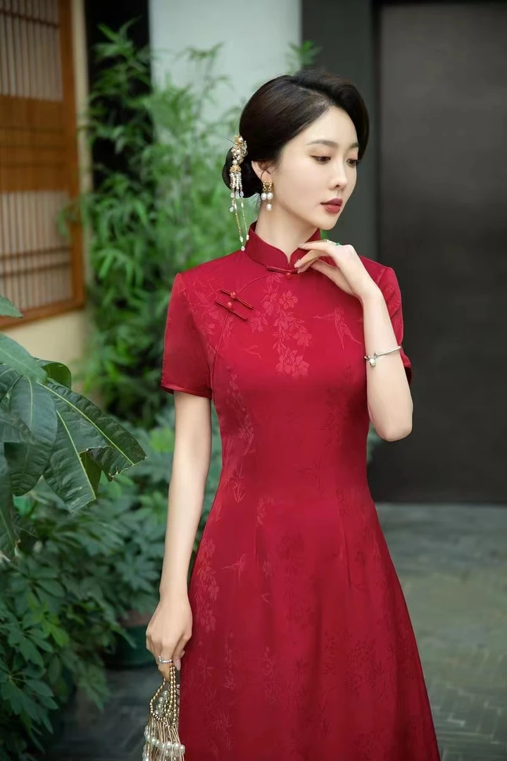 【和美】中国风旗袍气质修身显瘦复古中长款红色旗袍A-1