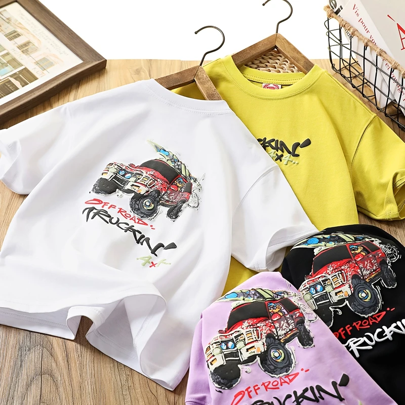 男童夏季新款潮童字母短袖T恤中大童卡通汽车发泡印花半袖6105