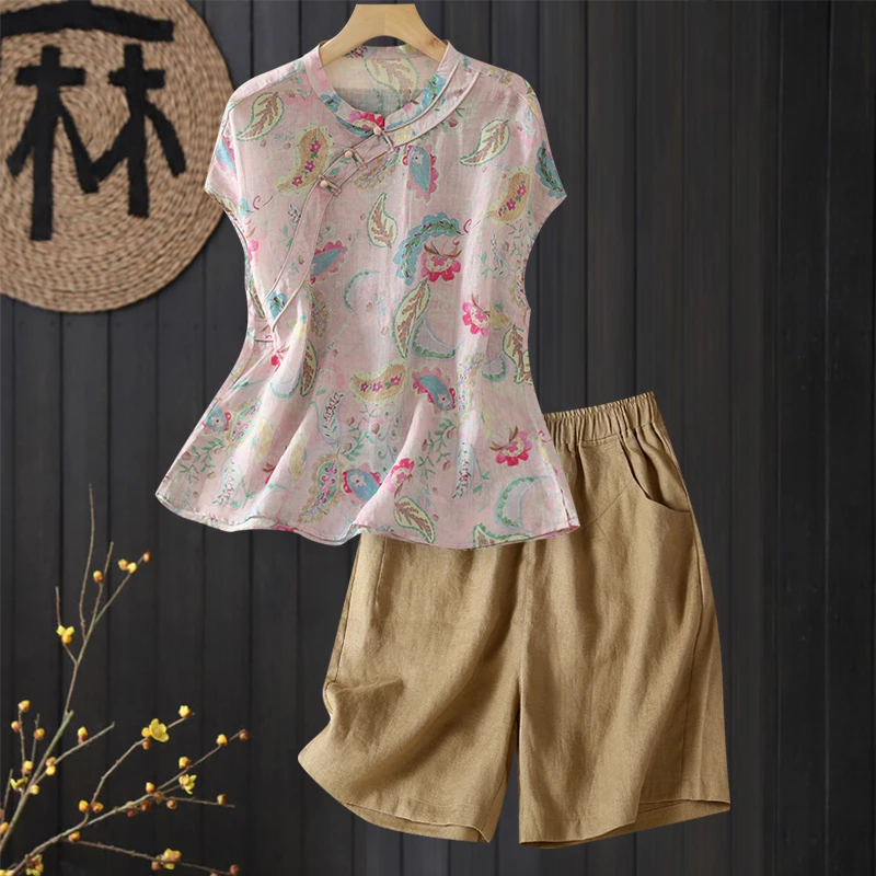 独特漂亮苎麻无袖套装女夏季年轻款高端新中式国风亚麻短裤两件套