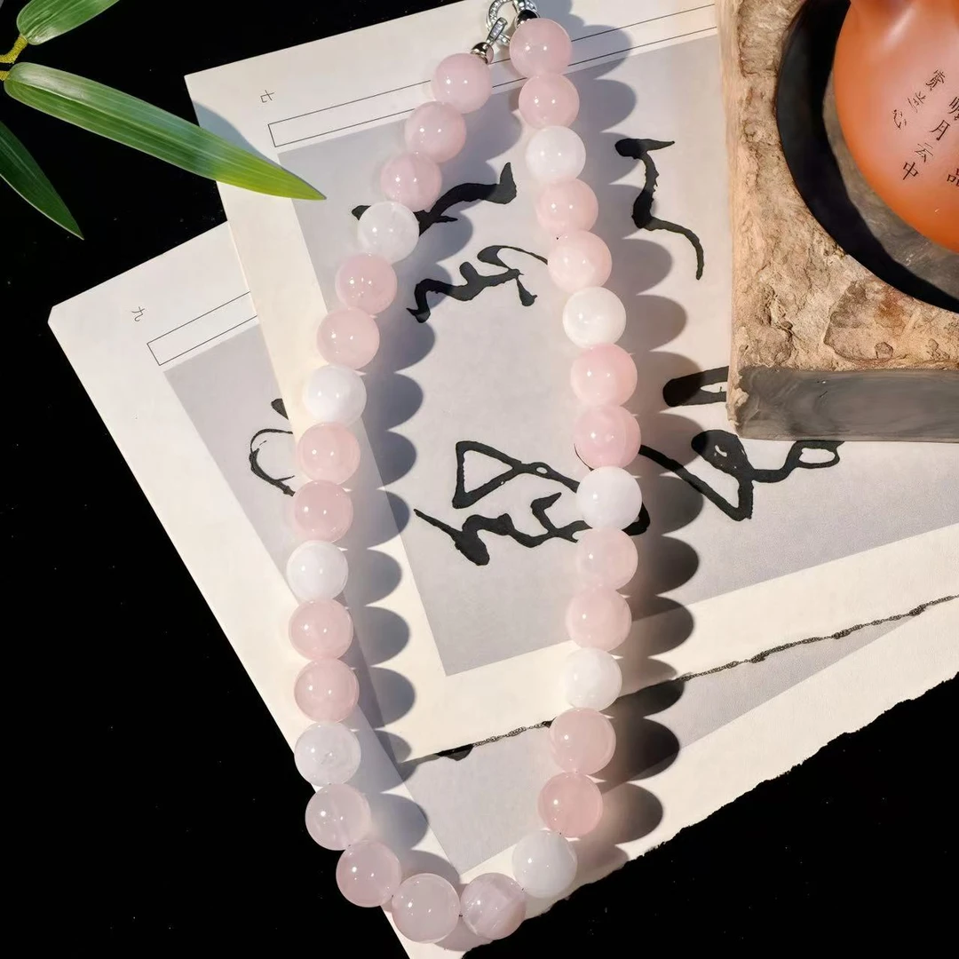 天然粉水晶白幽灵项链 超大颗14-15mm（带证书）