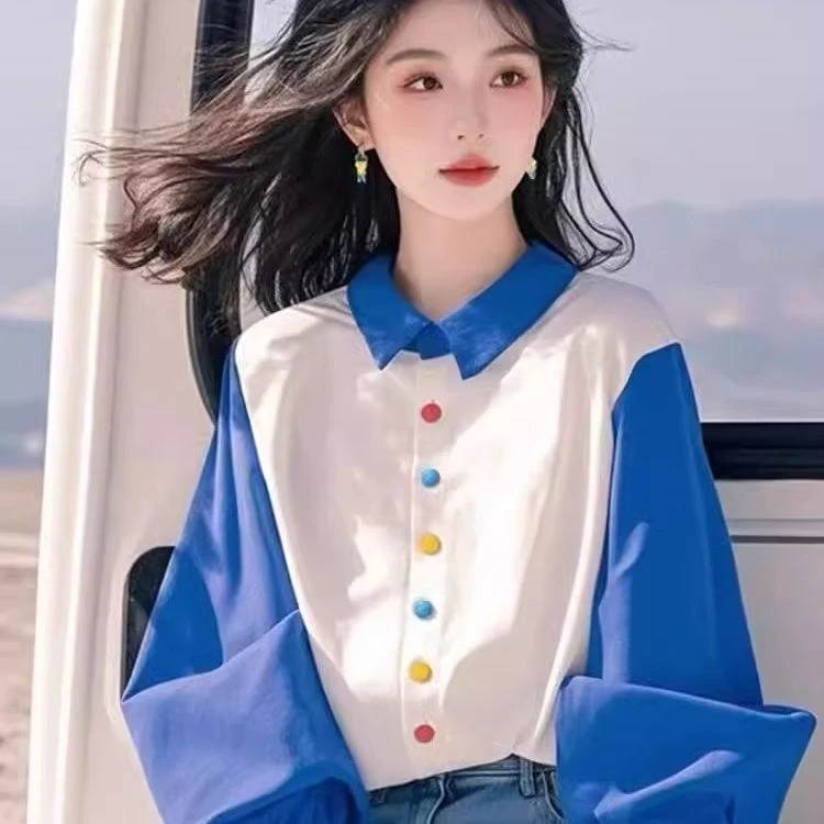 今年流行爆款好看独特漂亮洋气设计蓝色撞色拼接灯笼衬衫现货24发