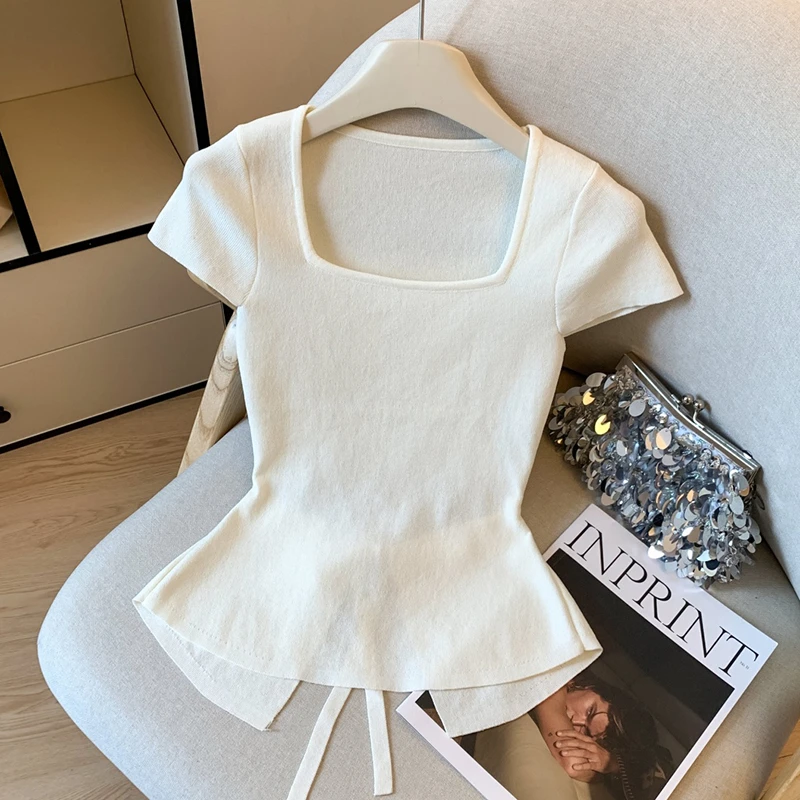 方领冰丝针织T恤女2025夏季新款设计感后背镂空绑带修身短袖上衣