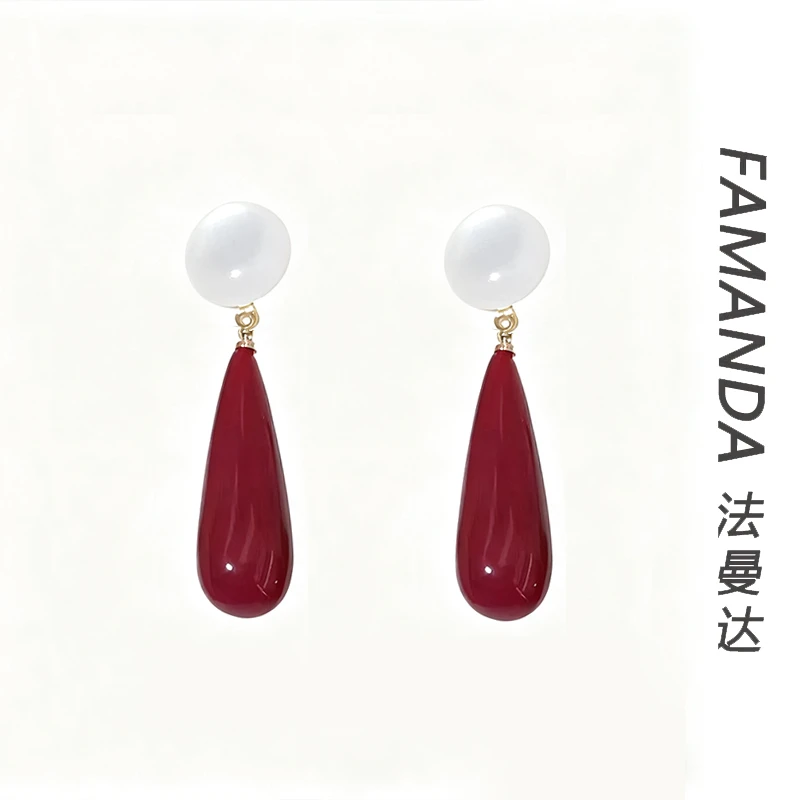 法曼达 铜合金亚克力耳饰 【水滴女神】酒红色长款时尚耳环
