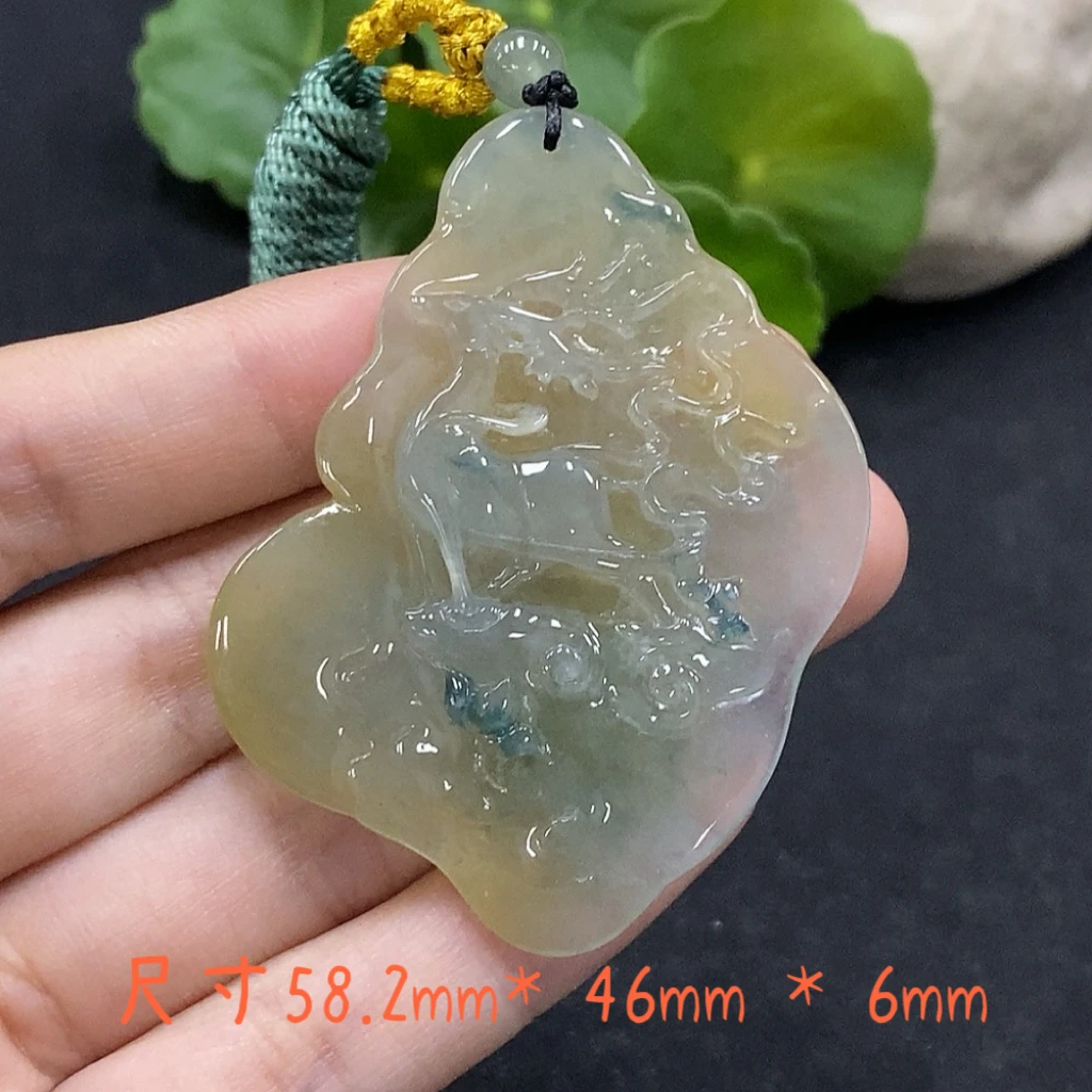 缅甸翡翠A货冰黄一路有你挂件