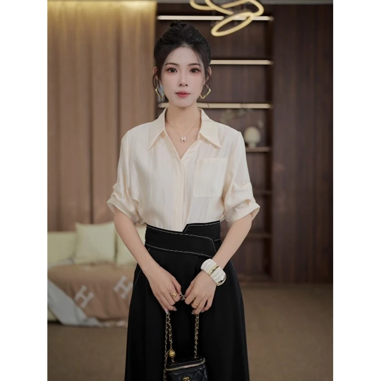 TITI定制【寻梦山茶】轻奢气质纯色短袖衬衫宽松显瘦上衣TV2026010