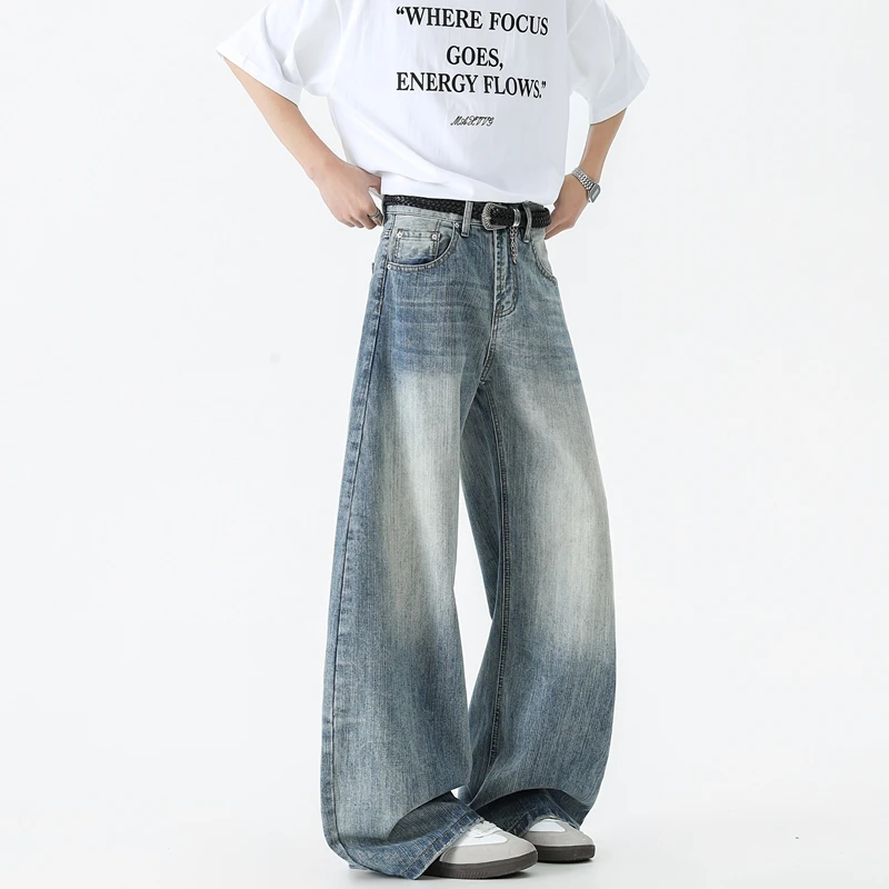 美式水洗竹节纹弯刀牛仔裤男秋季新款宽松复古潮牌直筒阔腿长裤子