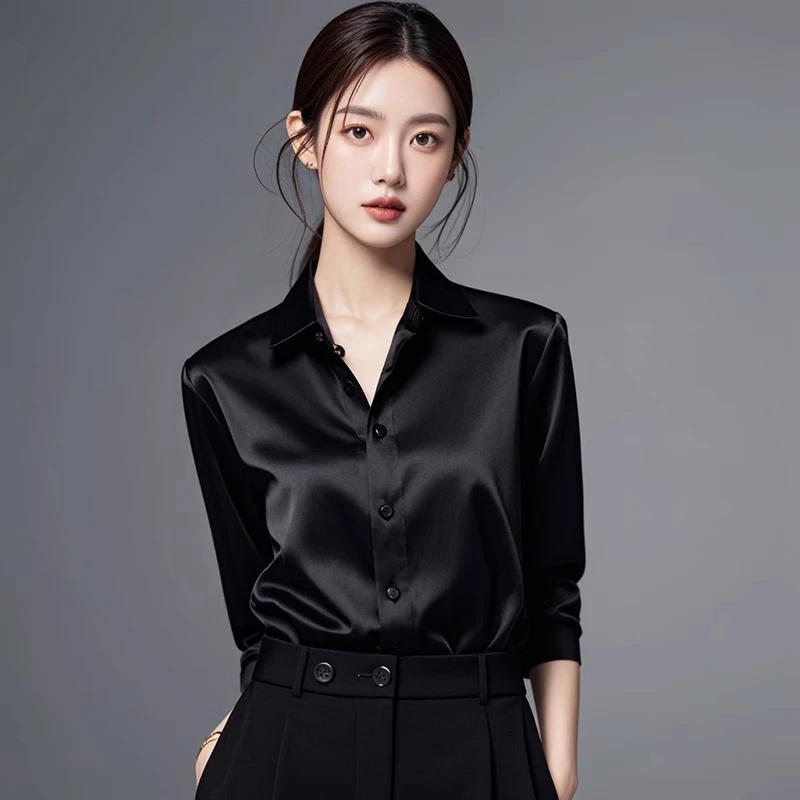 醋酸缎面黑衬衫女长袖春秋季女装高冷御姐风打底衫上衣职业OL衬衣