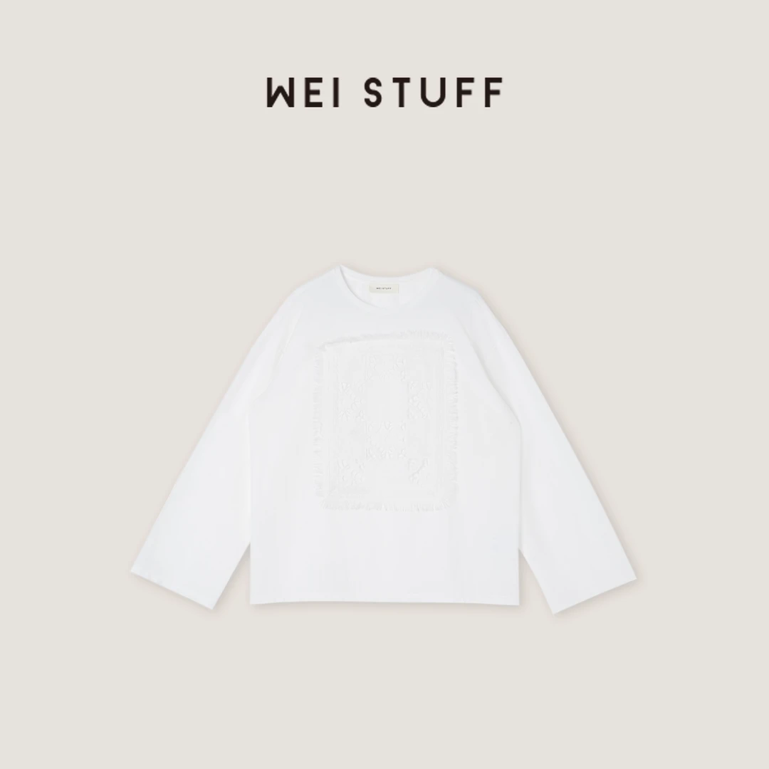 WEI STUFF  波西少女宽松设计时尚百搭圆领提花刺绣长袖T恤 9042