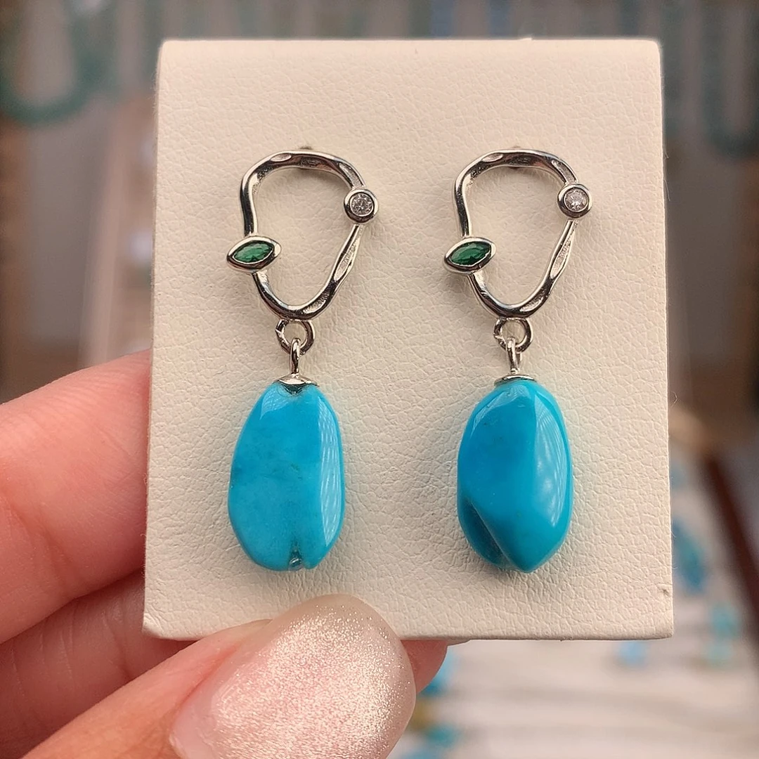 绿松石银S925镶嵌耳饰