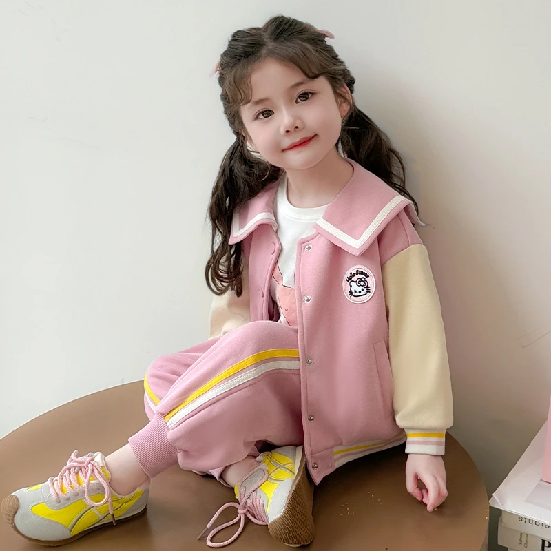 女童秋季时尚洋气2025儿童新款甜美猫咪绣花海军领学院风套装