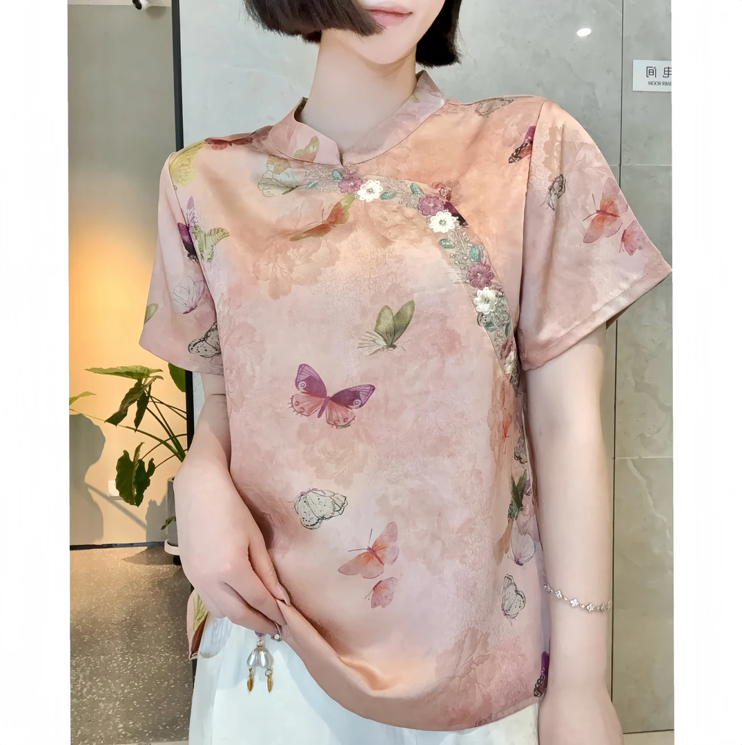 【心舟】蝴蝶小衫新中式斜襟刺绣重工薄透气精致上衣气质女装百搭