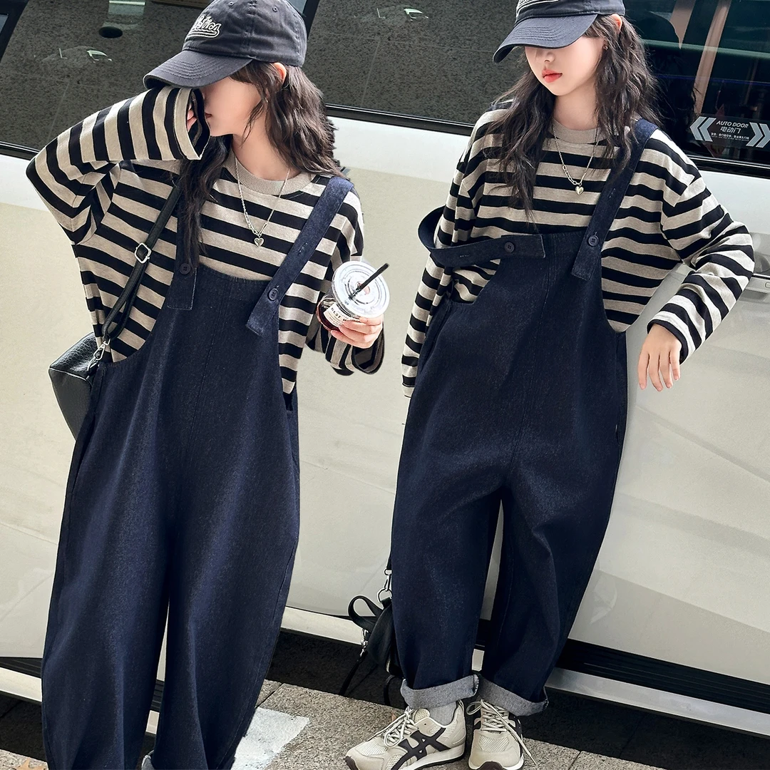 女童秋季套装2025新款中大儿童网红炸街洋气时髦背带阔腿裤两件套