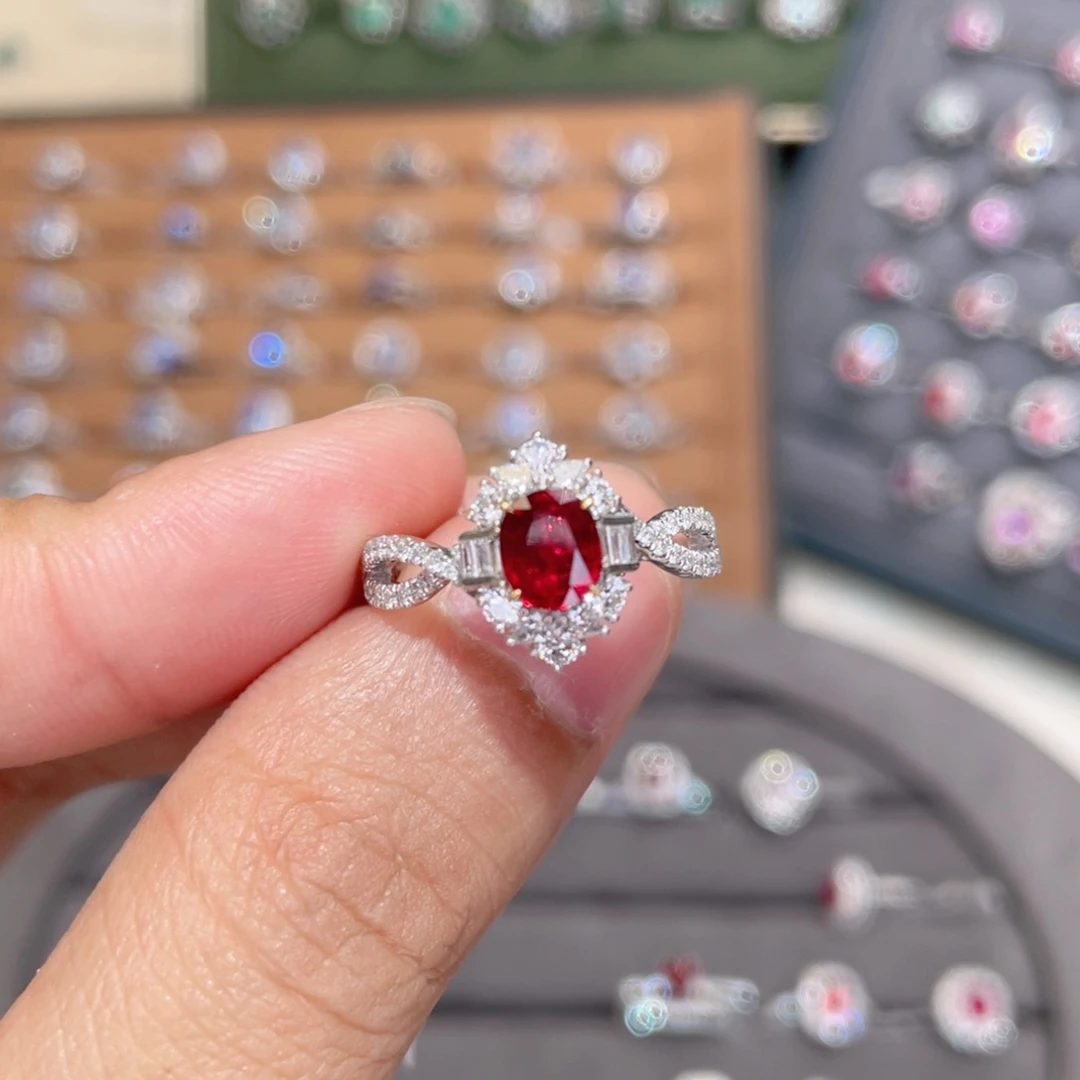 红宝石戒指18K金镶嵌1.25ct 无烧鸽血