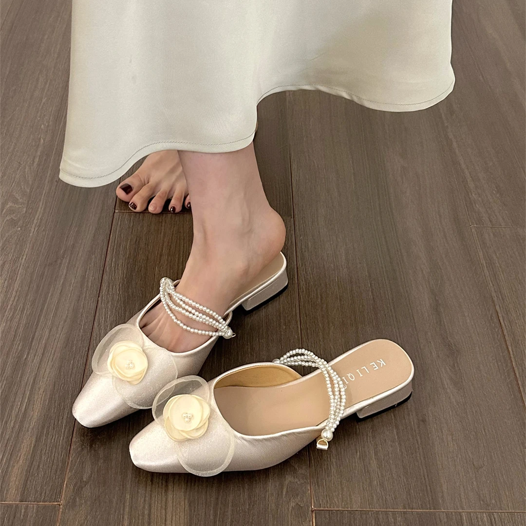 Amroze爆款~法式粗跟小香风包头半拖鞋仙女鞋子2025新款夏季配裙