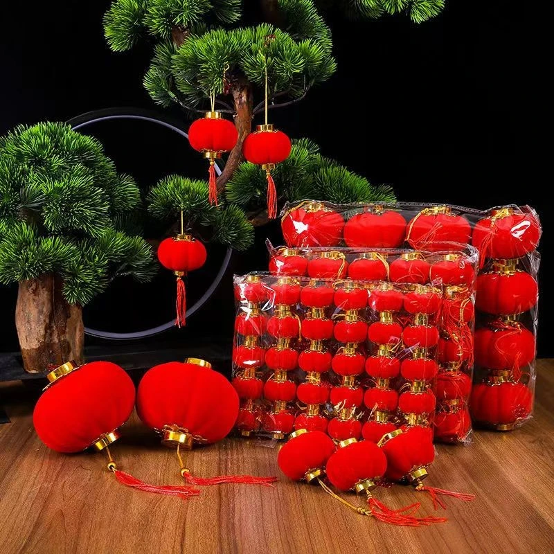 新年植绒小红灯笼春节喜庆室内绿植庭院婚礼装扮节日挂件