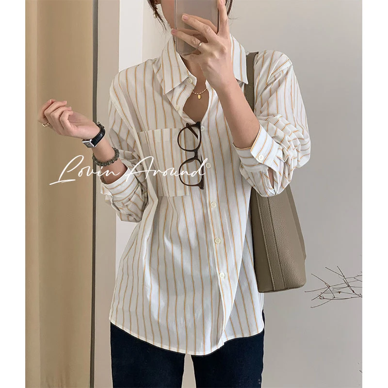 Lovin Around【通勤条纹】韩版东大门条纹衬衫女中长款休闲显瘦上衣