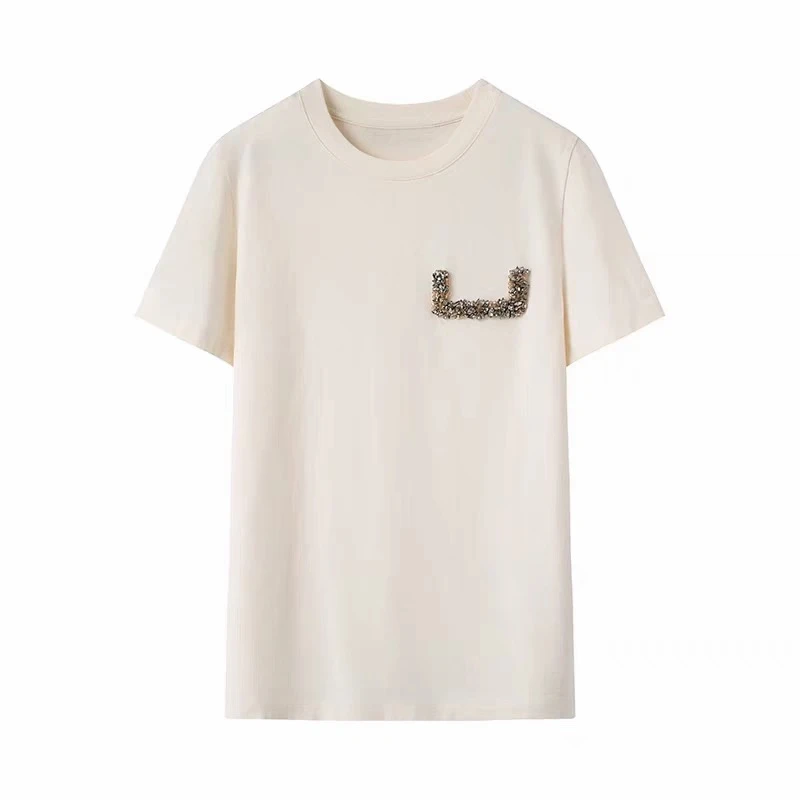 1188手工钻饰宽松圆领短袖T恤女2025春夏新款体恤上衣服