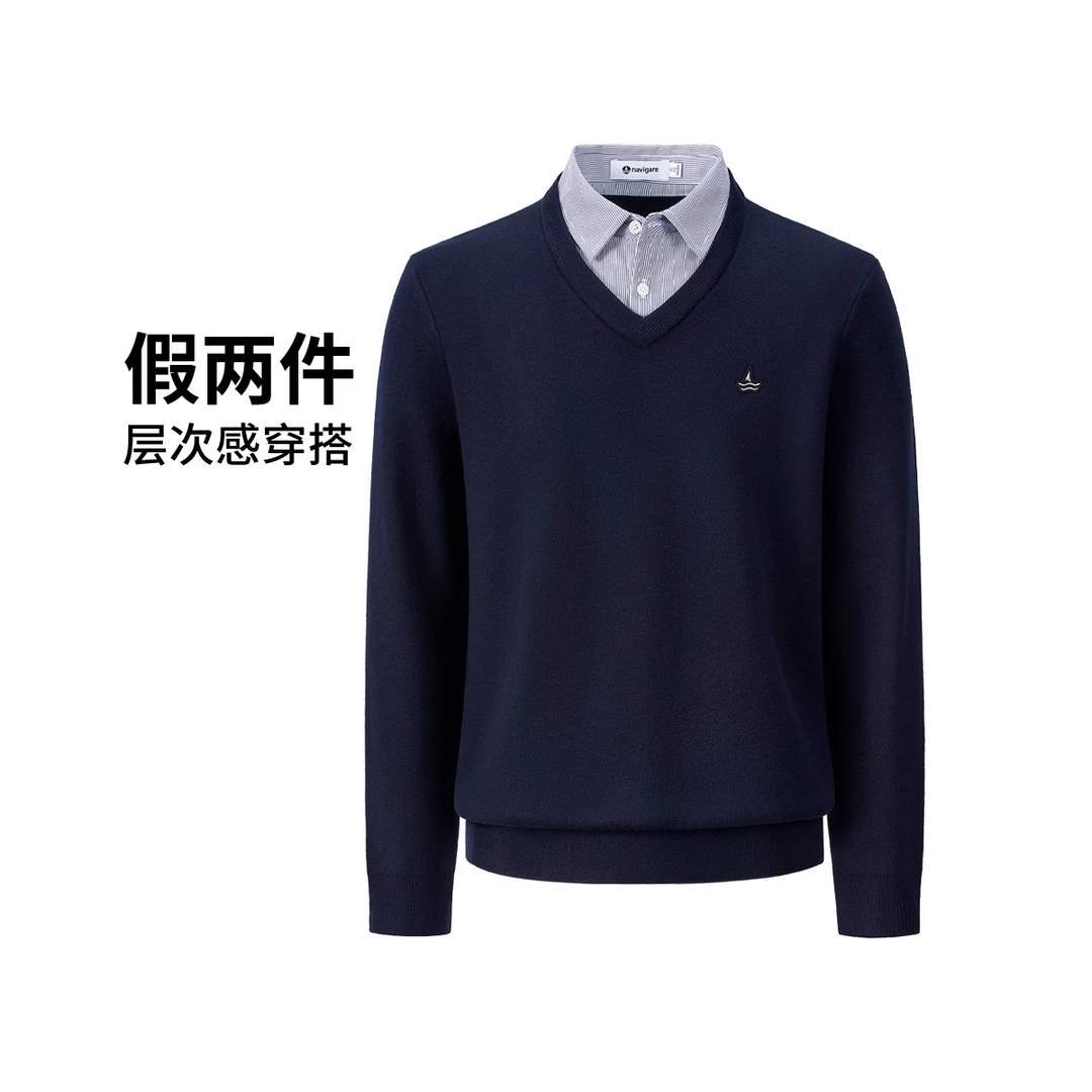 [假两件]Navigare意大利小帆船衬衫领休闲毛衣男秋冬加绒针织衫