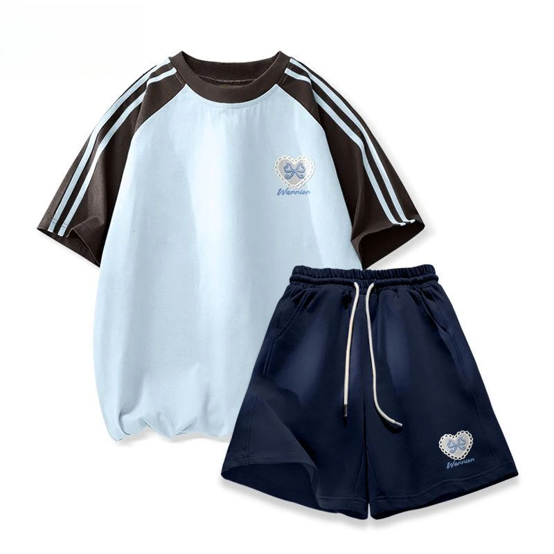 蓝色休闲套装女款夏日2025新款韩版慵懒风纯棉插肩短袖短裤两件套