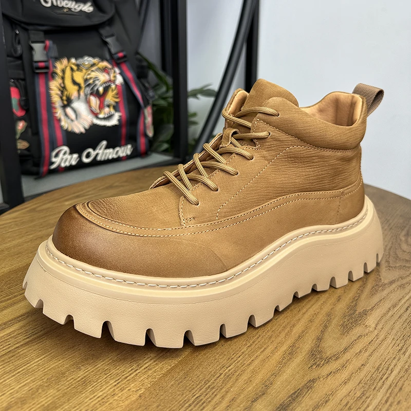 新款头层牛皮马丁靴男士秋季工装靴男厚底增高户外短靴潮流机车靴