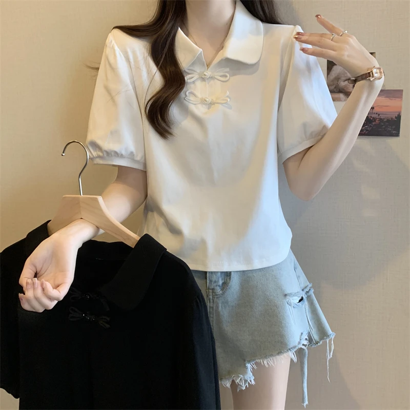 大码衬衫女国风短袖夏2025新款泡泡袖显瘦盘扣打底衫