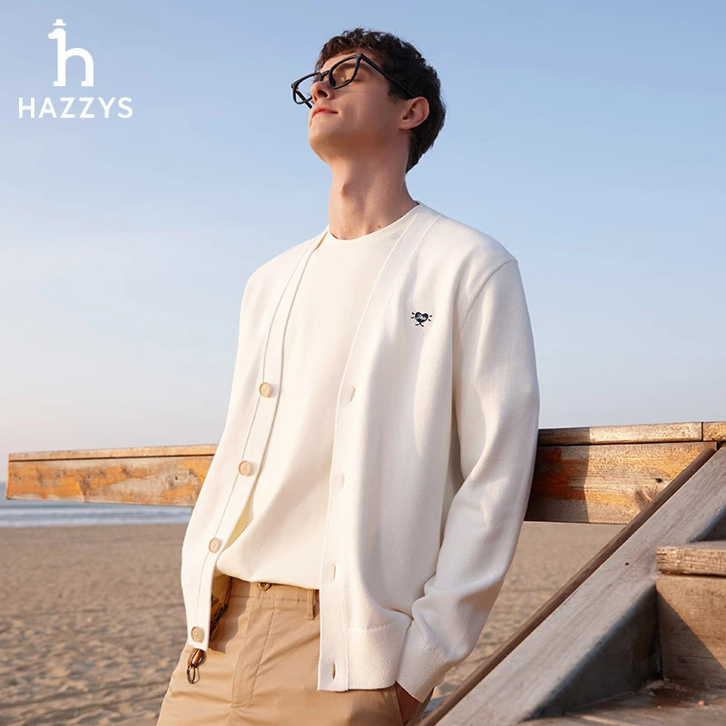 【PHIZ】Hazzys哈吉斯V领春季休闲针织开衫上衣长袖时尚男士毛衣