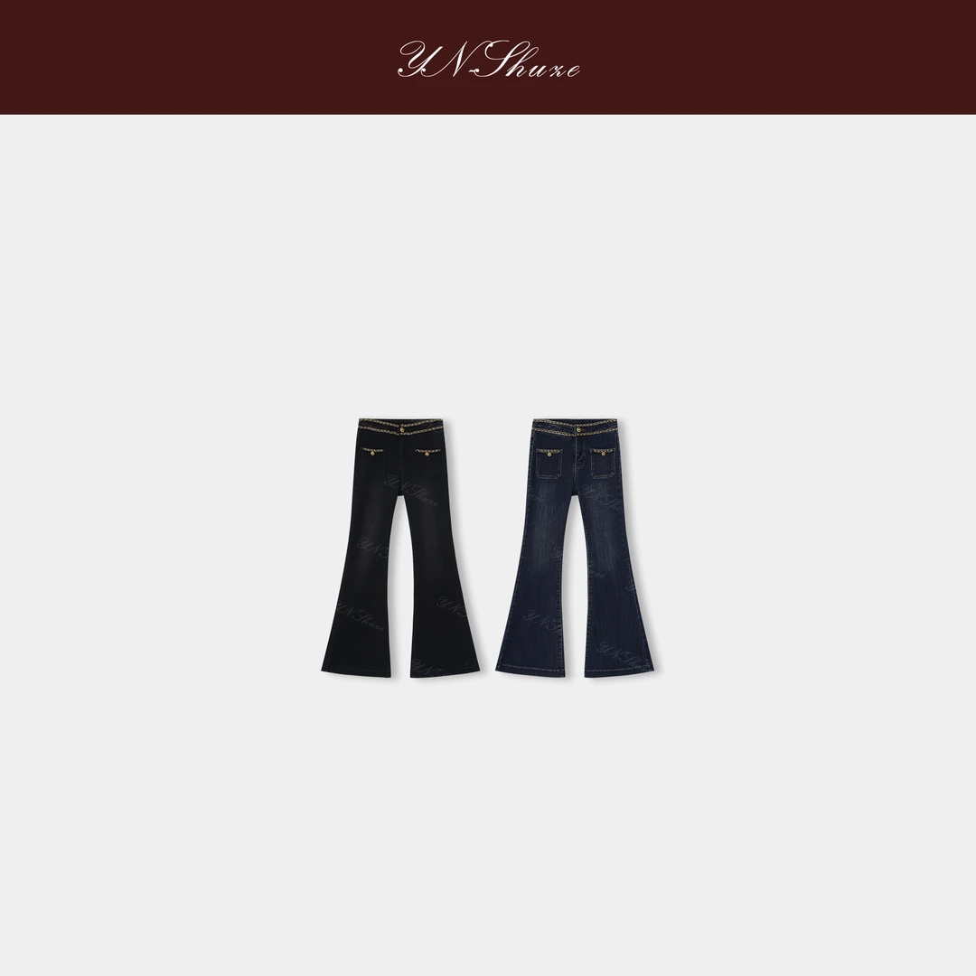 YN-SHUZE设计师新款气质口袋金属链条微喇叭牛仔裤SZ-YNB-80583