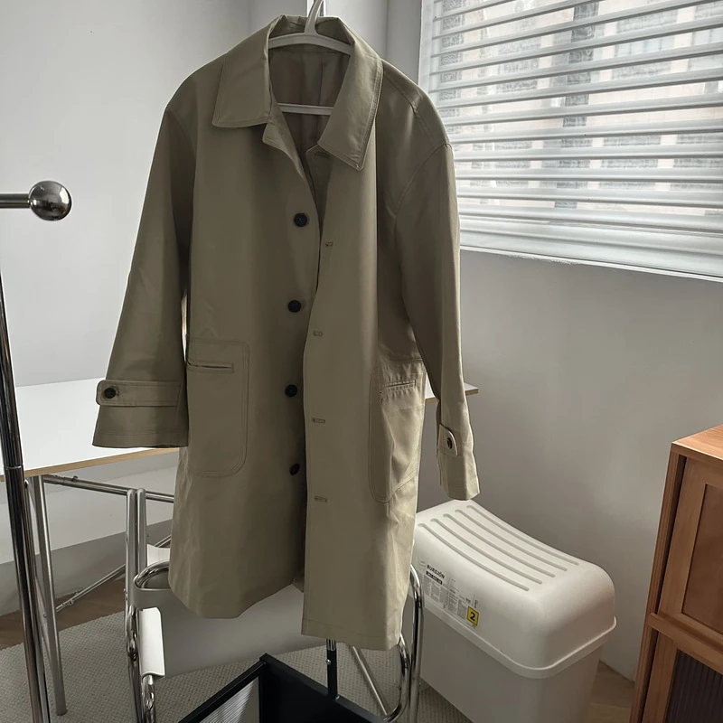 日系复古春秋翻领工装风衣外套 中长款卡其色气质大衣