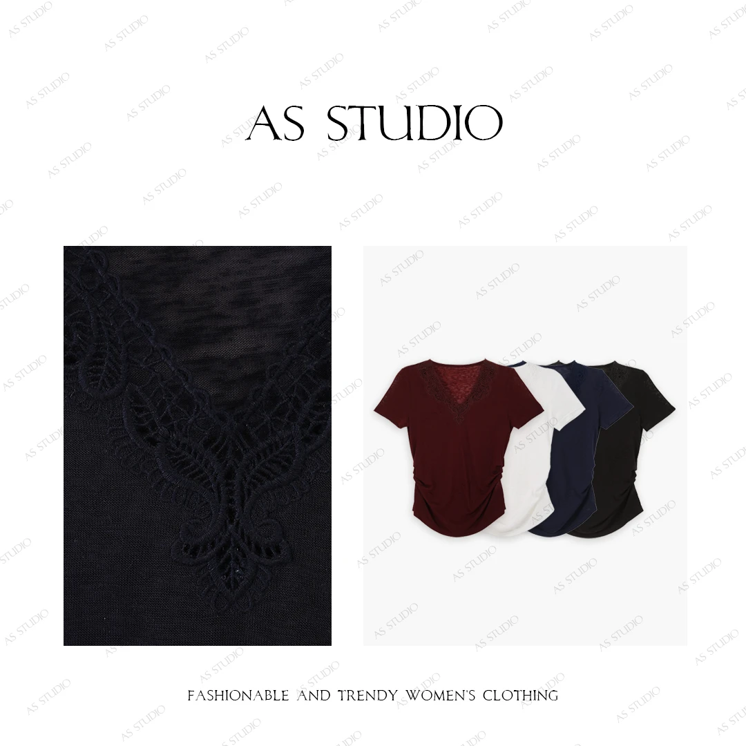 【AS小镂空】25新气质V领镂空蕾丝修身显瘦褶皱短袖AS25XTX00649