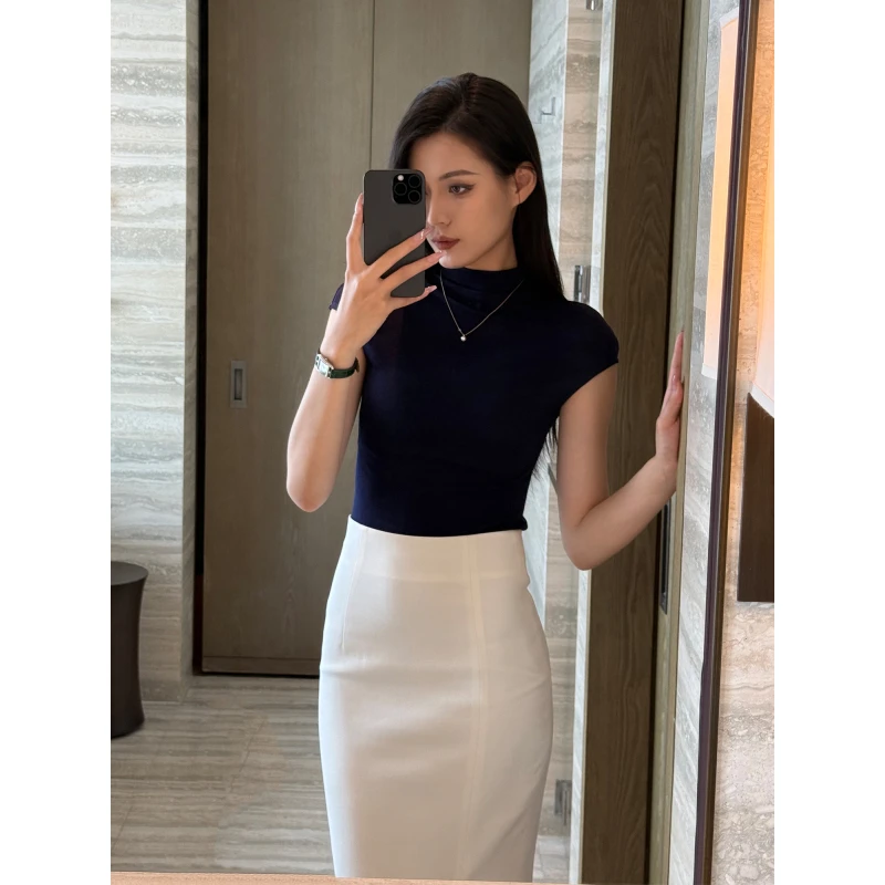 藏蓝针织衫半高领t恤女夏款醋酸内搭上衣短款体恤短袖修身打底951