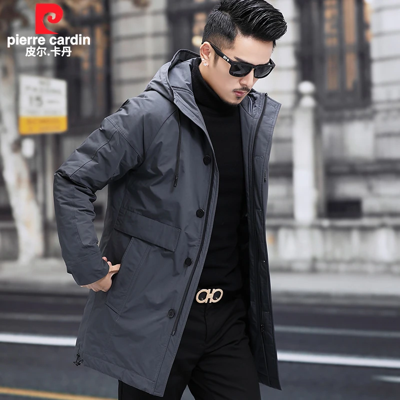 皮尔卡丹连帽羽绒服男中长款冬季品牌保暖白鸭绒工装风衣防寒外套