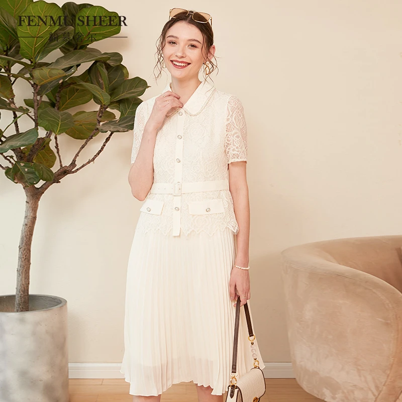 【丽公主专属】粉慕奢尔蕾丝翻领收腰轻奢气质名媛压褶连衣裙-D927