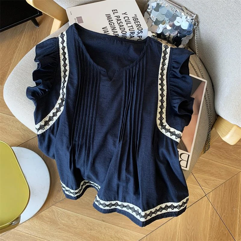 法式无袖甜美小飞袖衬衫女装夏季新款荷叶边娃娃衫学院风短袖上衣