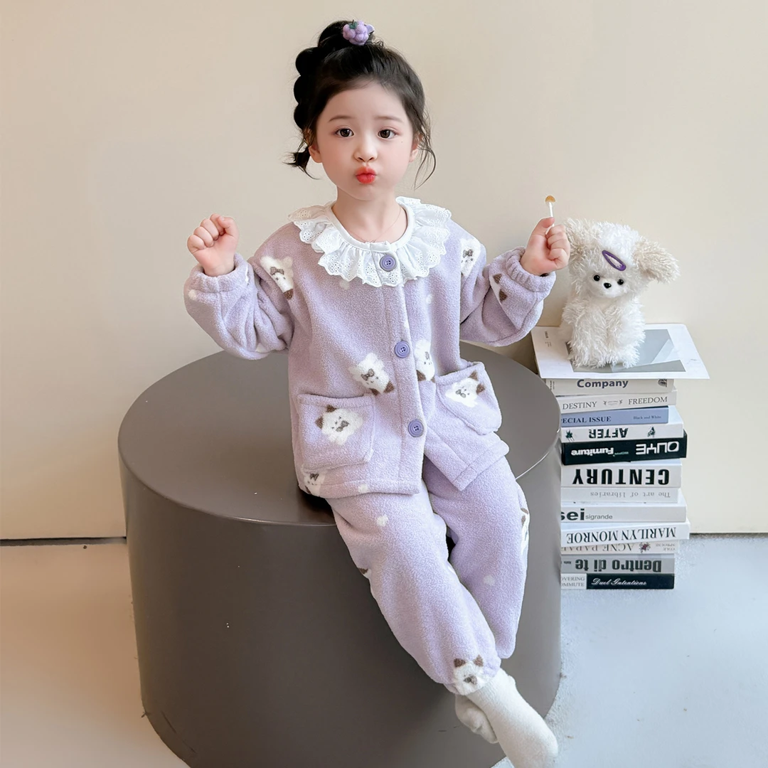 女童睡衣2025新款秋冬季保暖法兰绒可爱卡通花边开衫款套装家居服