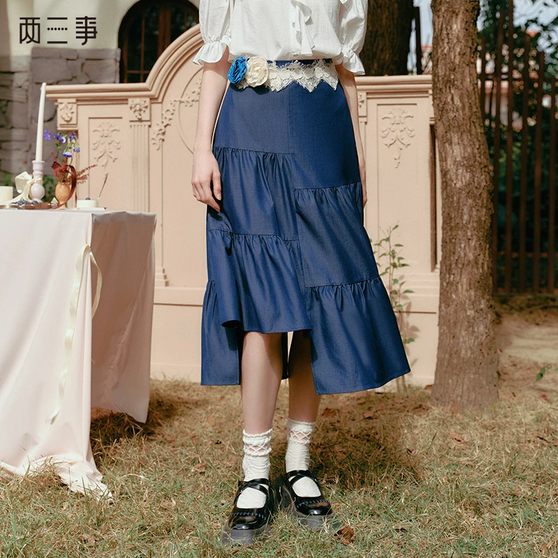 两三事夏夜晚风荷叶边裙摆花朵腰带半身裙