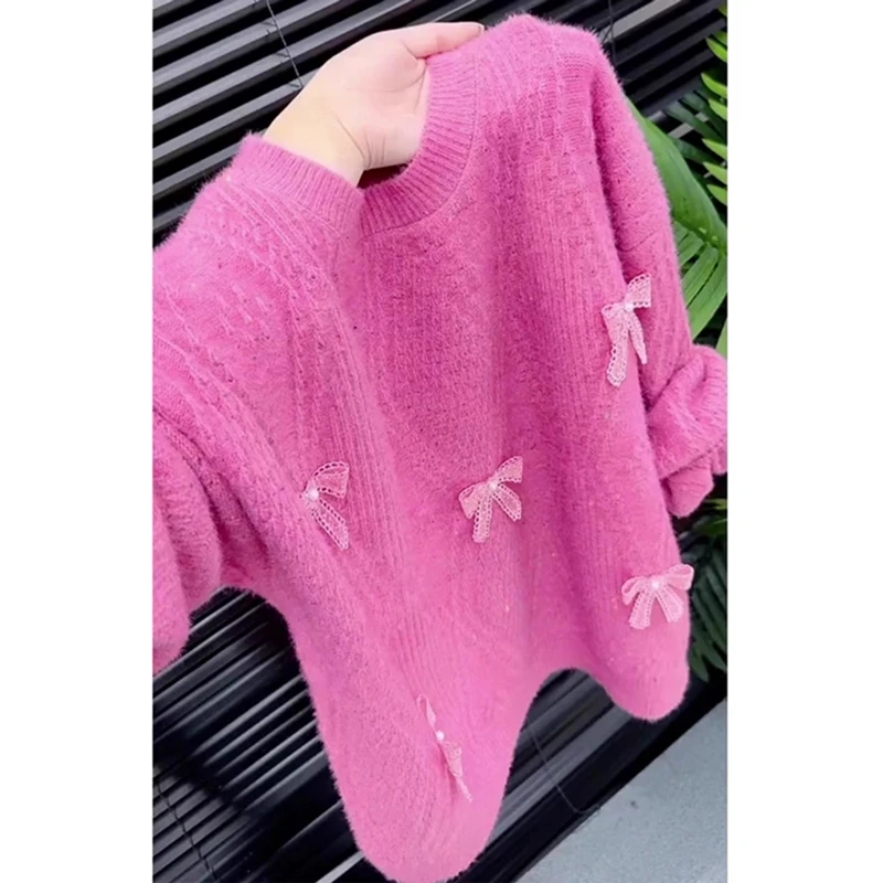 学院风减龄蝴蝶结长袖毛衣女秋冬慵懒百搭大码显瘦甜美温柔针织衫