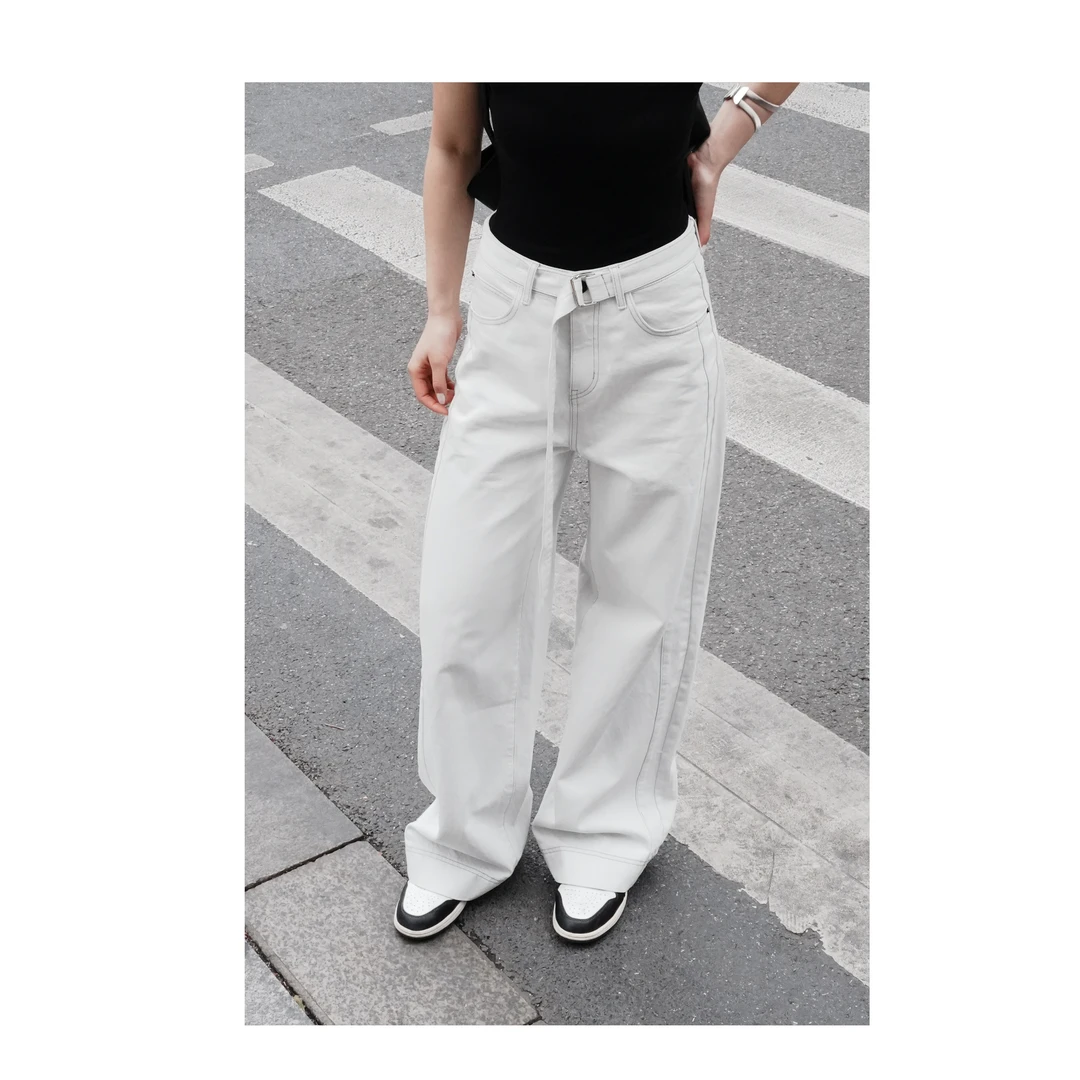 【木兰】高个子腰带阔腿高腰休闲复古白色牛仔裤Q25165