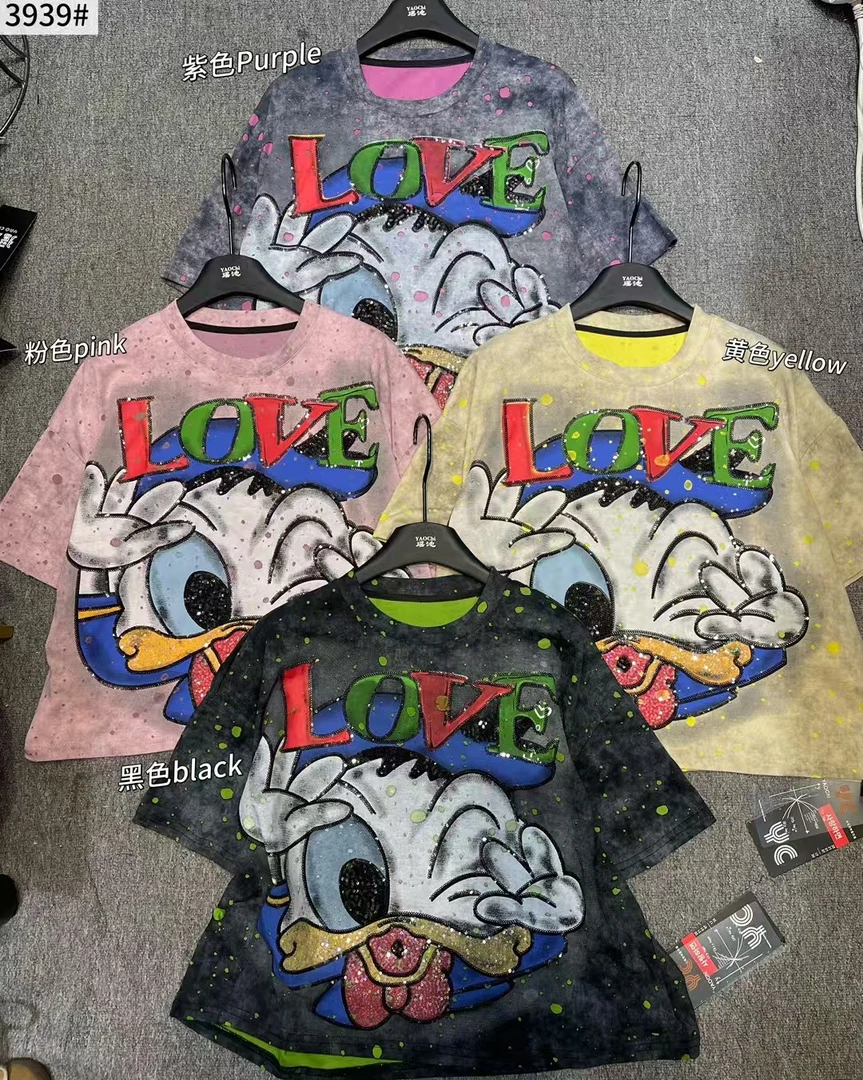 欧货潮牌卡通女装t恤宽松大版显瘦时尚卡通印花重工破洞设计短袖