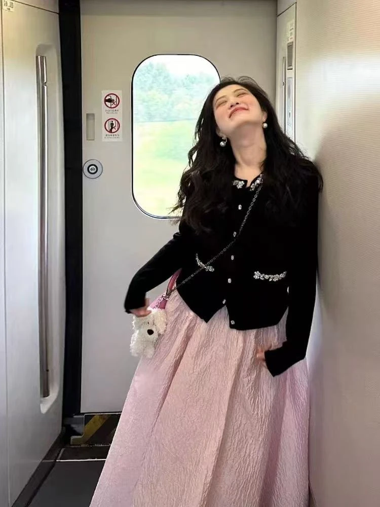 韩版秋季法式少女减龄小香风重工开衫上衣高腰半身裙显瘦两件套