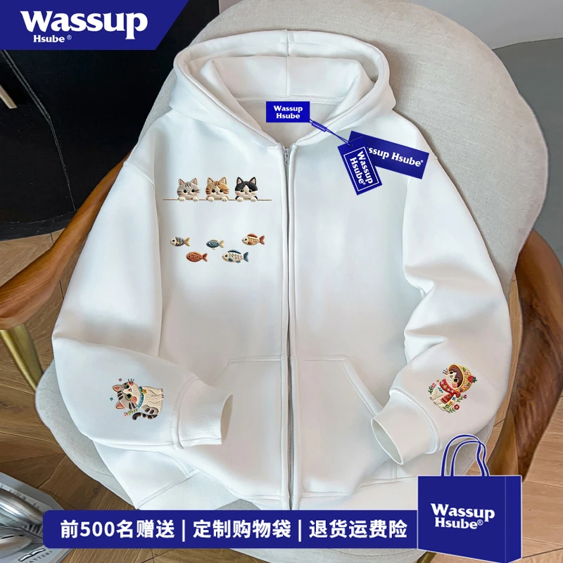 WASSUP HSUBE日系复古小猫印花连帽开衫卫衣男女秋冬休闲百搭外套