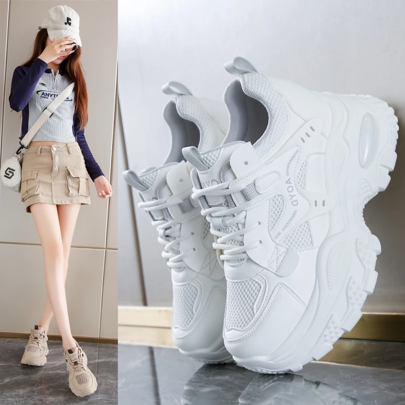秋季女鞋2025新款老爹鞋透气百搭小个子增高8CM厚底小白鞋运动鞋