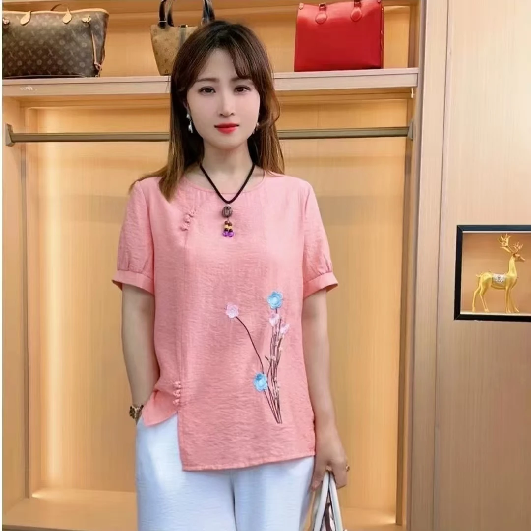 2025夏季新款冰丝刺绣百搭宽松妈妈上衣小衫薄款起皱冰丝皱上衣A