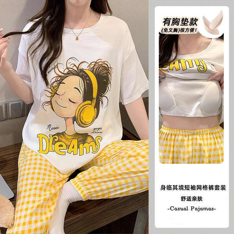 带胸垫卡通短袖长裤可外出睡衣女夏季休闲简约睡衣家居服套装6033
