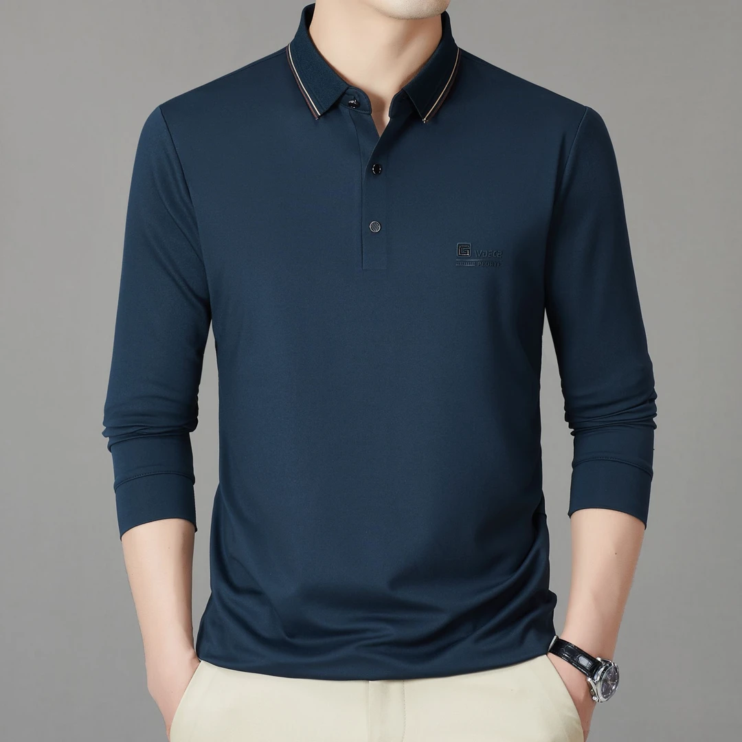 中年男士春秋季Polo衫长袖T恤休闲宽松衬衫领爸爸装纯色上衣男装