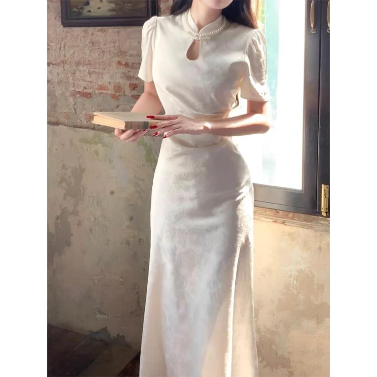 【梨花白】重工提花旗袍裙女夏季国风改良新中式连衣裙