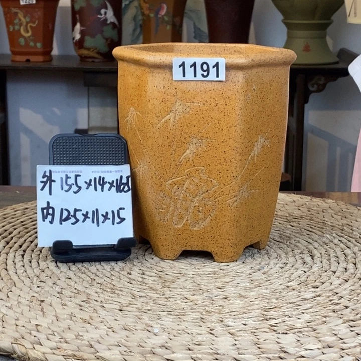 花盆紫砂  特惠放漏柴烧刻绘六方1191