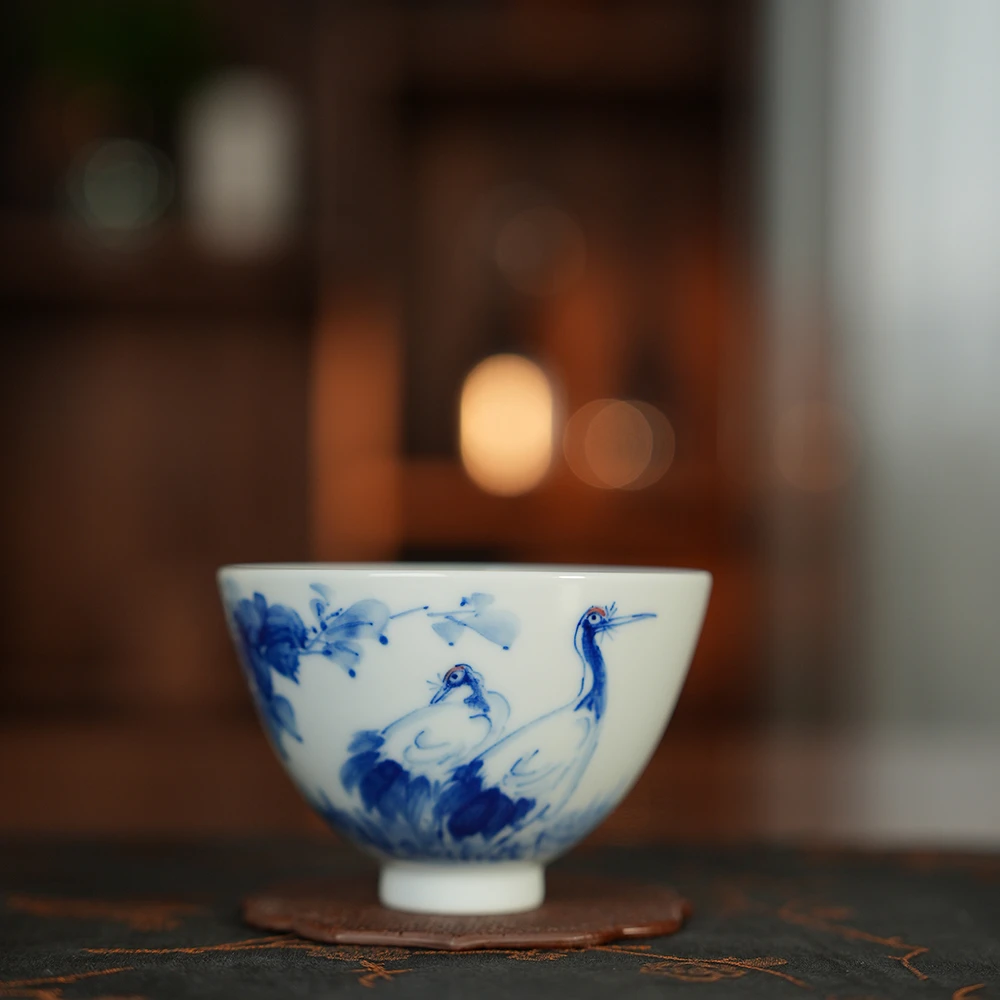 【瓷见如故】墨舍柴窑双鹤鸡心杯 （zjf225）