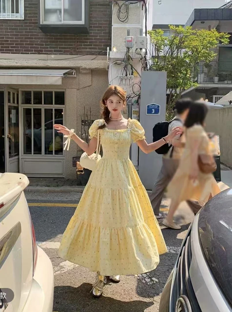 高腰泡泡袖A型森系夏季长款公主甜美碎花温柔常规大码连衣裙-6338