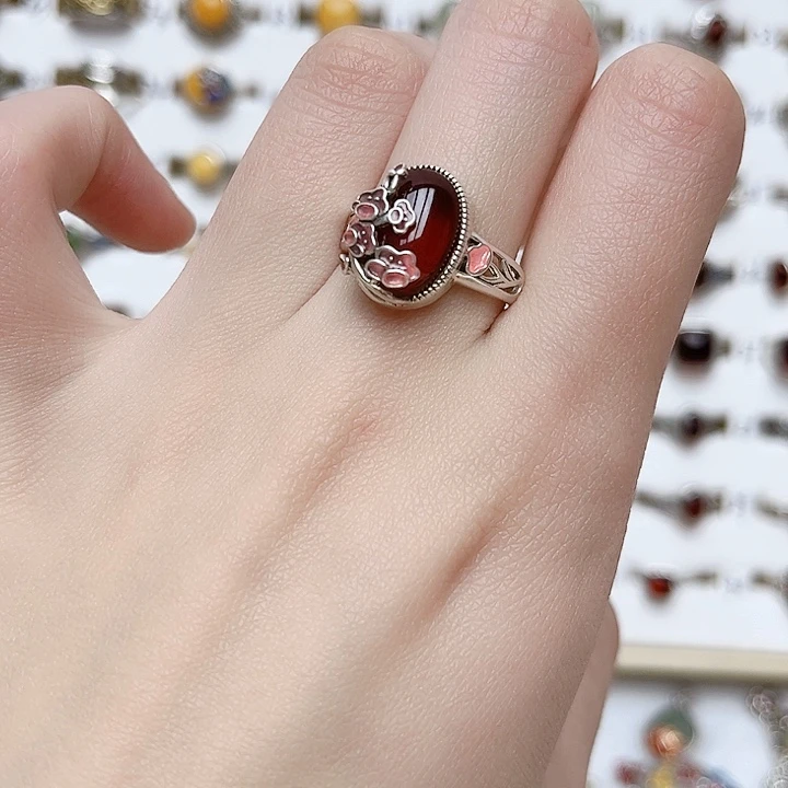 血珀戒指银S925镶嵌天然